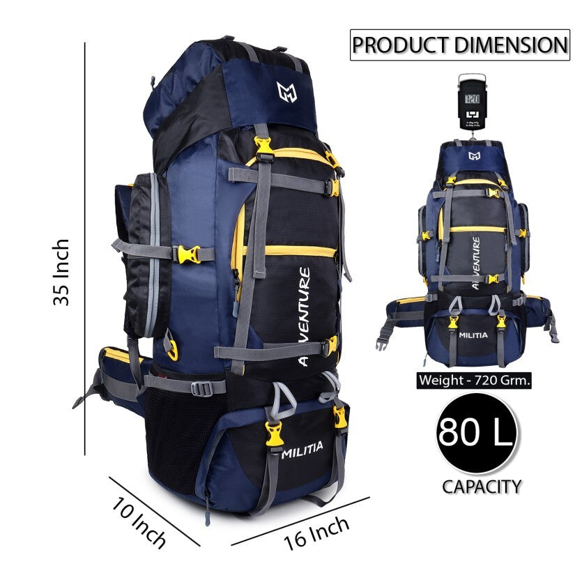 Adventure Trekking Bag Rucksack 80 litres for hiking travelling camping with rain cover(blue-black)