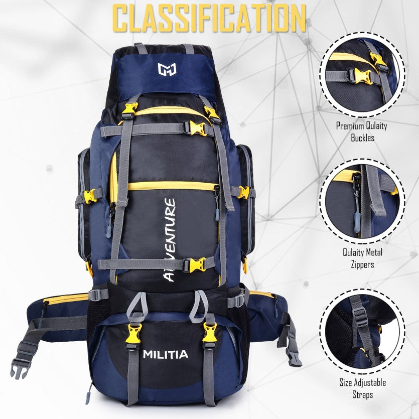 Adventure Trekking Bag Rucksack 80 litres for hiking travelling camping with rain cover(blue-black)