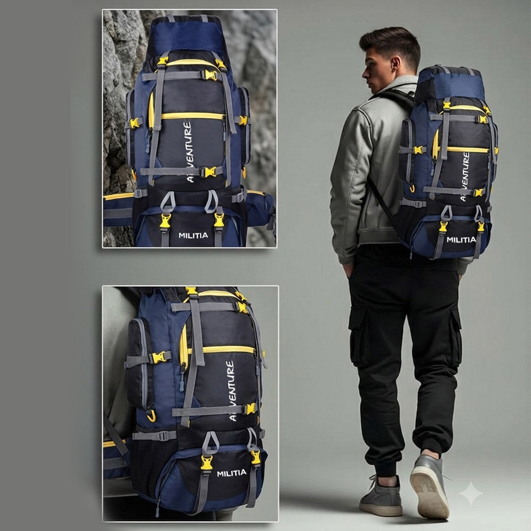 Adventure Trekking Bag Rucksack 80 litres for hiking travelling camping with rain cover(blue-black)