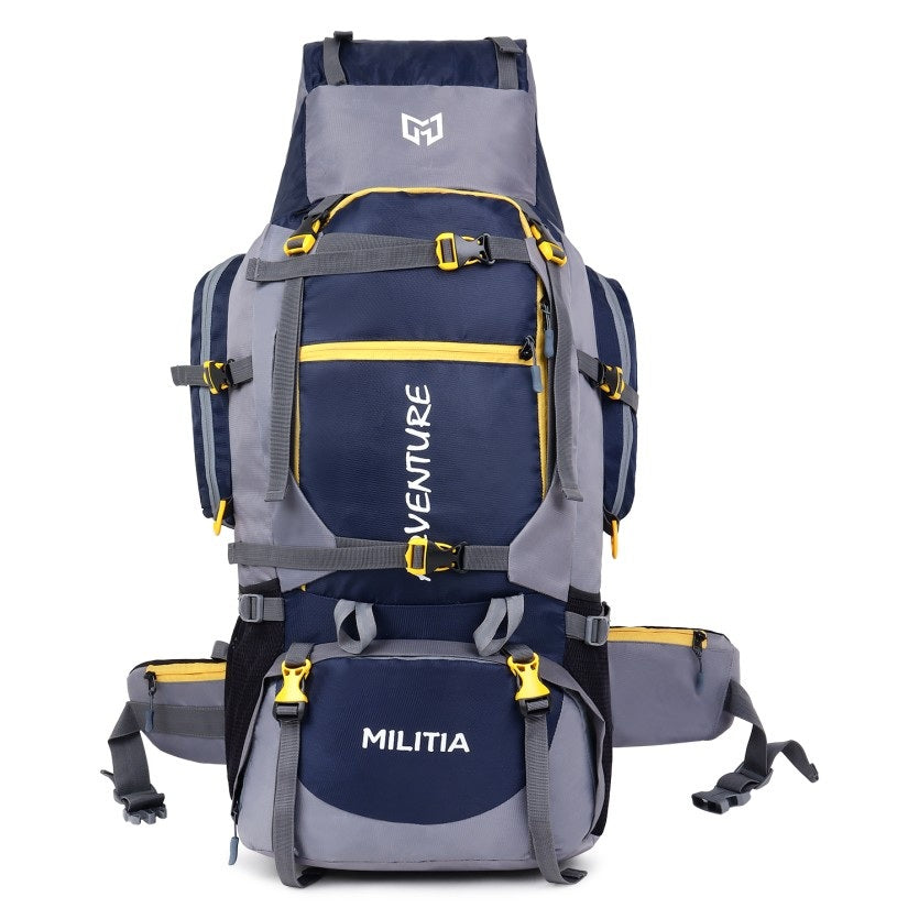 Adventure Trekking Bag Rucksack 80 litres for hiking travelling camping with rain cover(blue-grey)