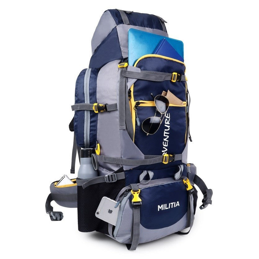 Adventure Trekking Bag Rucksack 80 litres for hiking travelling camping with rain cover(blue-grey)