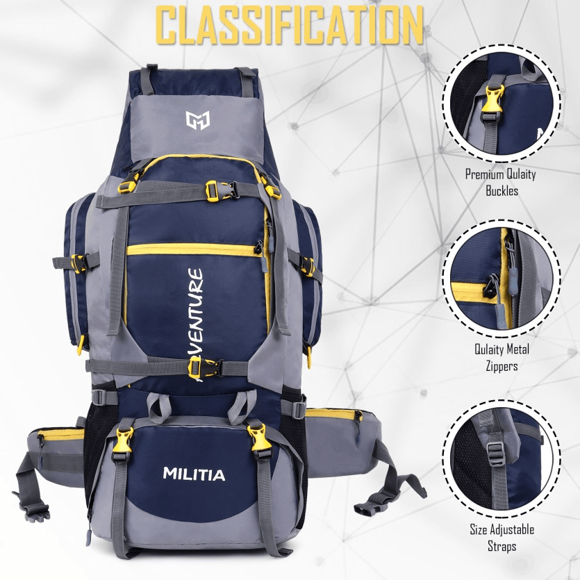 Adventure Trekking Bag Rucksack 80 litres for hiking travelling camping with rain cover(blue-grey)