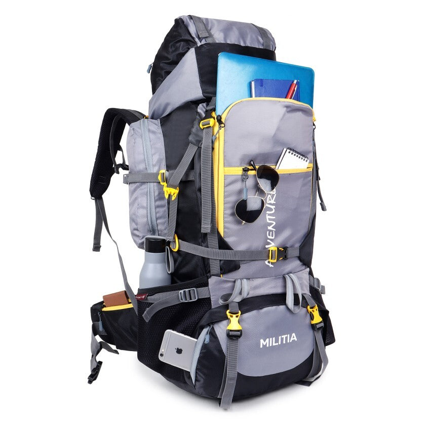 Adventure Trekking Bag Rucksack 80 litres for hiking travelling camping with rain cover(grey-black)