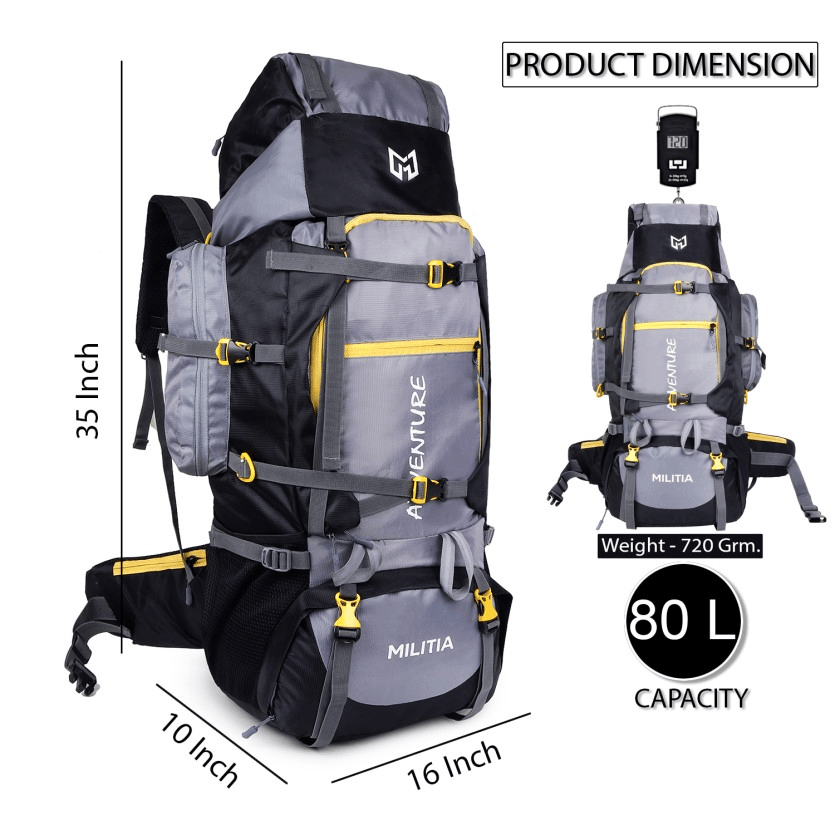 Adventure Trekking Bag Rucksack 80 litres for hiking travelling camping with rain cover(grey-black)