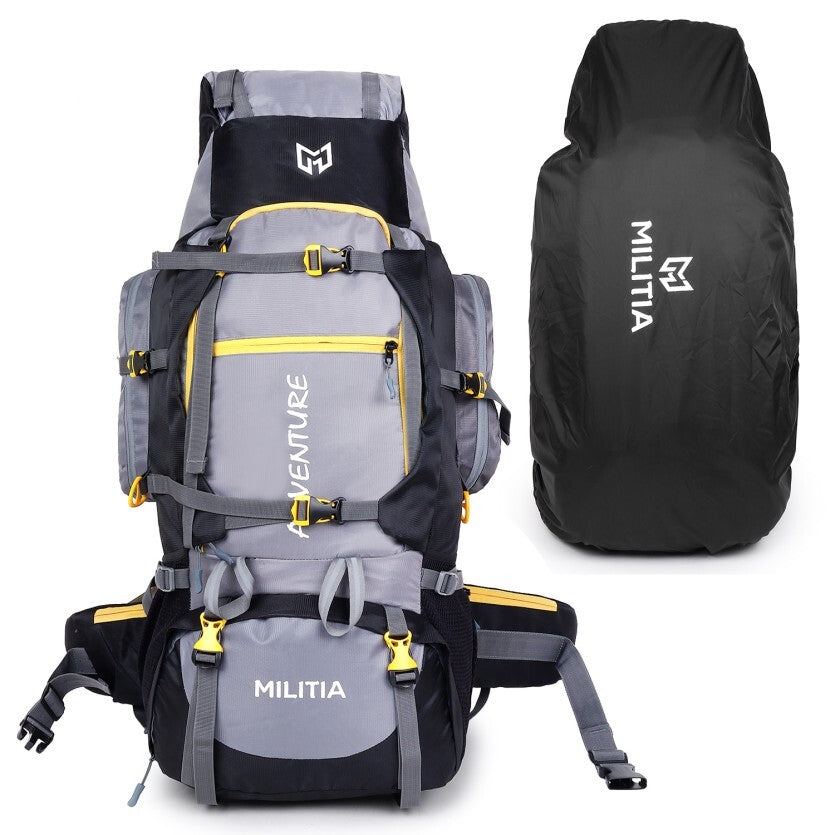 Adventure Trekking Bag Rucksack 80 litres for hiking travelling camping with rain cover(grey-black)