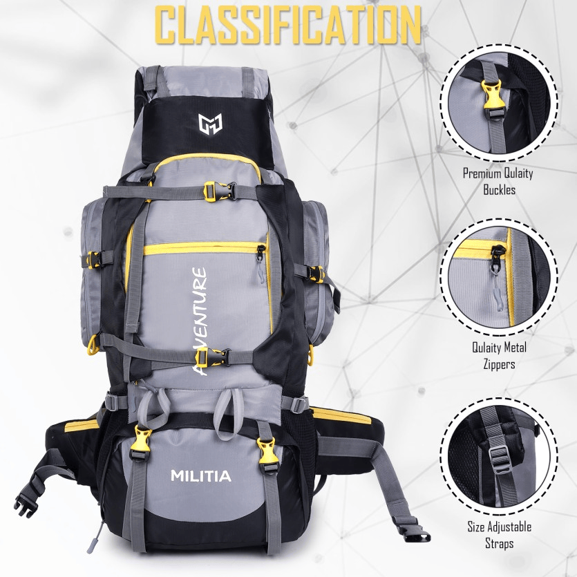 Adventure Trekking Bag Rucksack 80 litres for hiking travelling camping with rain cover(grey-black)