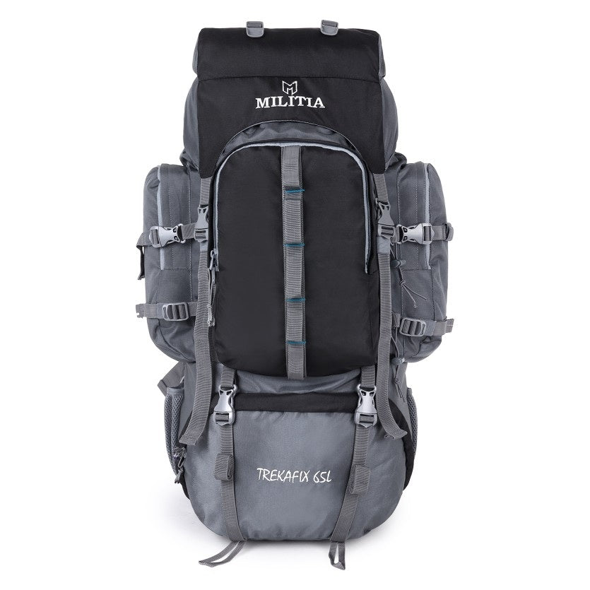 Trekafix MILITIA Outdoor Backpacking Pack, Large Capacity, Water Bottle Holder, Unisex Grey - Black