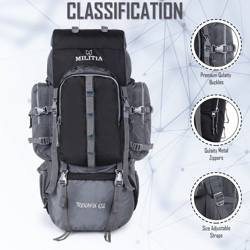 Trekafix MILITIA Outdoor Backpacking Pack, Large Capacity, Water Bottle Holder, Unisex Grey - Black