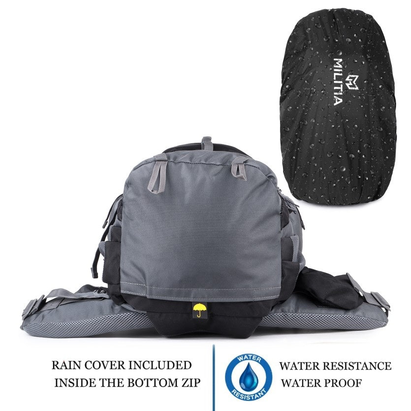 Trekafix MILITIA Outdoor Backpacking Pack, Large Capacity, Water Bottle Holder, Unisex Grey - Black