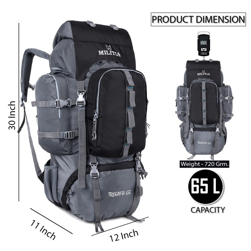 Trekafix MILITIA Outdoor Backpacking Pack, Large Capacity, Water Bottle Holder, Unisex Grey - Black