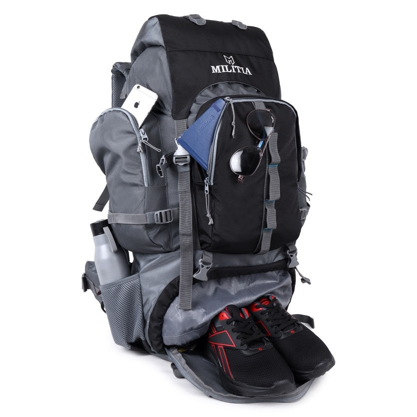 Trekafix MILITIA Outdoor Backpacking Pack, Large Capacity, Water Bottle Holder, Unisex Grey - Black