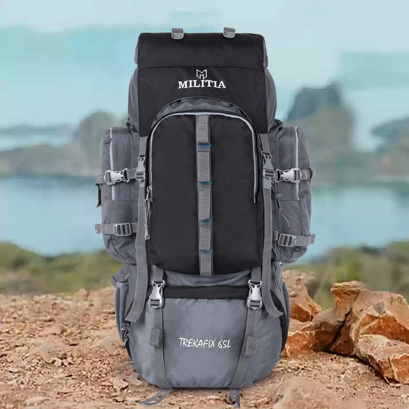 Trekafix MILITIA Outdoor Backpacking Pack, Large Capacity, Water Bottle Holder, Unisex Grey - Black