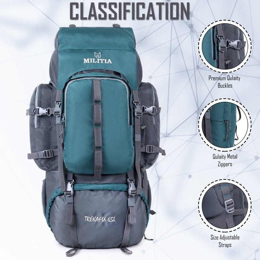 Trekafix MILITIA Outdoor Backpacking Pack, Large Capacity, Water Bottle Holder, Unisex Grey - Blue