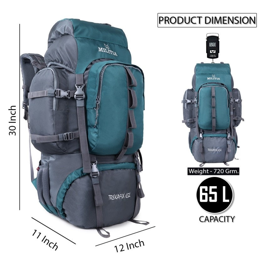 Trekafix MILITIA Outdoor Backpacking Pack, Large Capacity, Water Bottle Holder, Unisex Grey - Blue